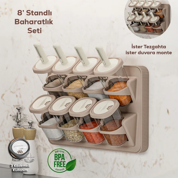 Porsima 1116 Standlı Kaydırmalı Kaşıklı 360 Döner Kapaklı Etiketli Baharatlık Seti Erzak Saklama Kabı Cappuccino ürün görseli 1