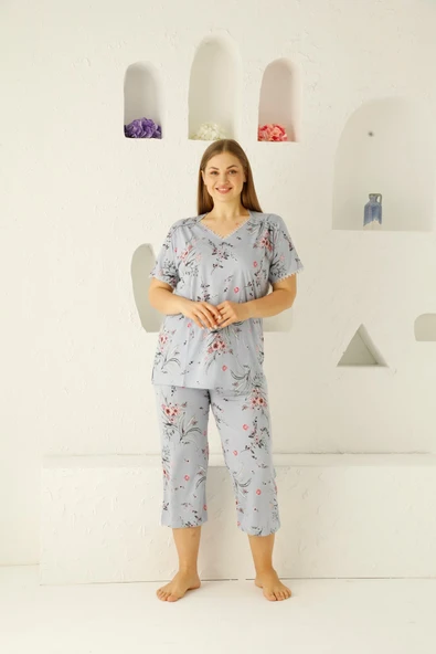 Kadın Düğmesiz Viskon Geniş Battal Büyük Beden Kapri/Bermuda Pijama Takımı - 5