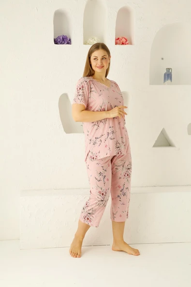 Kadın Düğmesiz Viskon Geniş Battal Büyük Beden Kapri/Bermuda Pijama Takımı - 2
