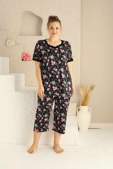 Kadın Düğmesiz Viskon Geniş Battal Büyük Beden Kapri/Bermuda Pijama Takımı - 7