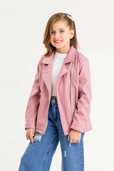Fermuarlı Astarlı Kız Çocuk Deri Ceket - 3