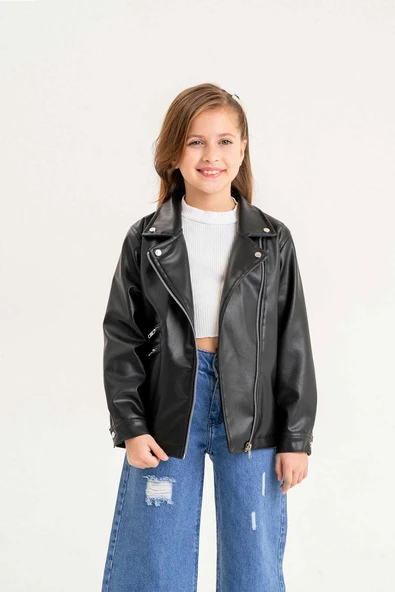 Fermuarlı Astarlı Kız Çocuk Deri Ceket - 8