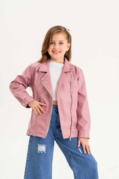 Fermuarlı Astarlı Kız Çocuk Deri Ceket - 2