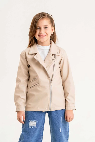 Fermuarlı Astarlı Kız Çocuk Deri Ceket - 10