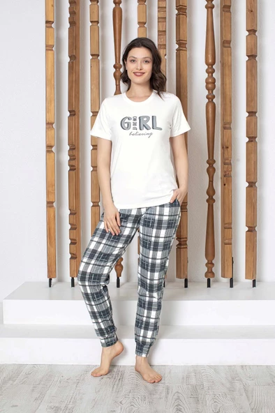 Kadın Düğmesiz Bisiklet Yaka Kısa Kol Cepli Pijama Takımı