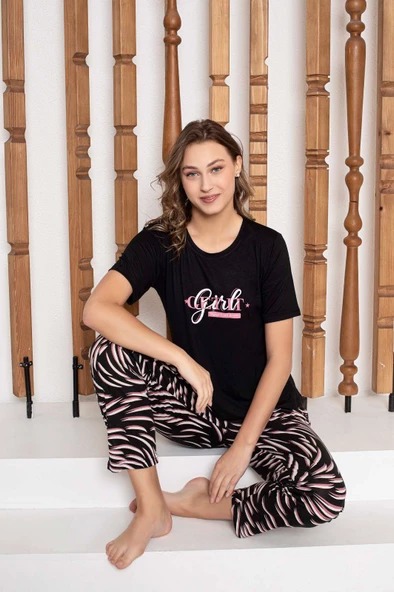 Kadın Düğmesiz Bisiklet Yaka Kısa Kol Cepli Pijama Takımı - 5