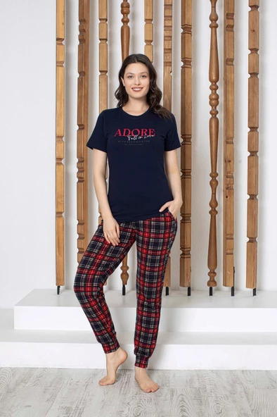 Kadın Düğmesiz Bisiklet Yaka Kısa Kol Cepli Pijama Takımı - 3