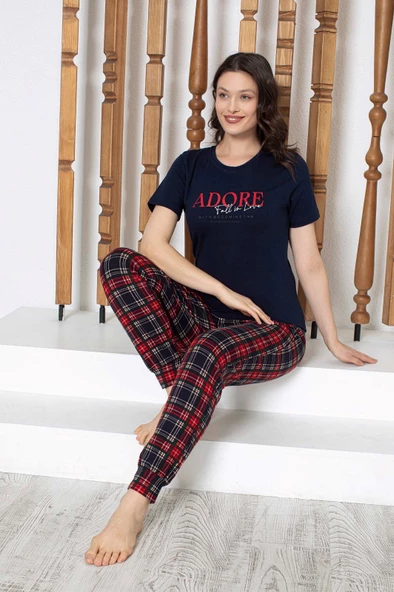 Kadın Düğmesiz Bisiklet Yaka Kısa Kol Cepli Pijama Takımı - 2