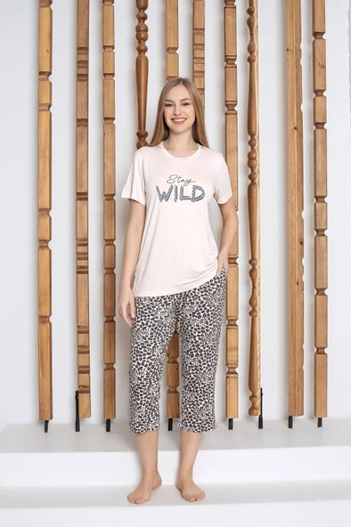 Kadın Düğmesiz Bisiklet Yaka Viskon Kısa Kol Cepli Kapri/Bermuda Pijama Takımı - 4