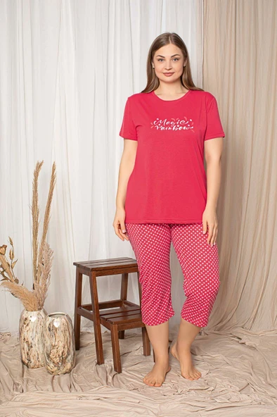 Kadın Yuvarlak Yaka Düğmesiz Viskon Geniş Battal Büyük Beden Cepli Kapri Pijama Takımı - 4