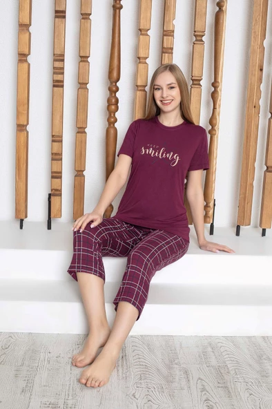 Kadın Düğmesiz Bisiklet Yaka Viskon Kısa Kol Cepli Kapri/Bermuda Pijama Takımı - 2