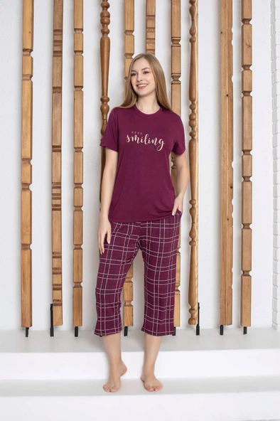 Kadın Düğmesiz Bisiklet Yaka Viskon Kısa Kol Cepli Kapri/Bermuda Pijama Takımı