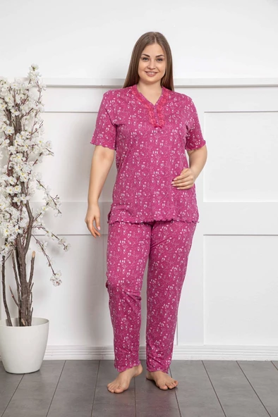 Kadın Yuvarlak Yaka Geniş Battal Beden Viskon Cepli Büyük Beden Pijama Takımı - 2