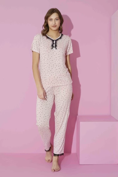 Kadın Bisiklet Yaka Viskon Kısa Kol Cepli Pijama Takımı