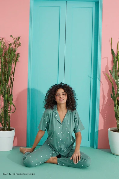 Kadın Bambu Düşük Kol Oversize Üst Hakim Yaka Önden Düğmeli Kısa Kol Viskon Gömlek Pijama Takımı - 4