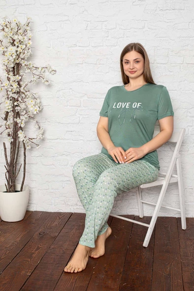 Kadın Yuvarlak Yaka Geniş Battal Beden Viskon Cepli Büyük Beden Pijama Takımı - 6