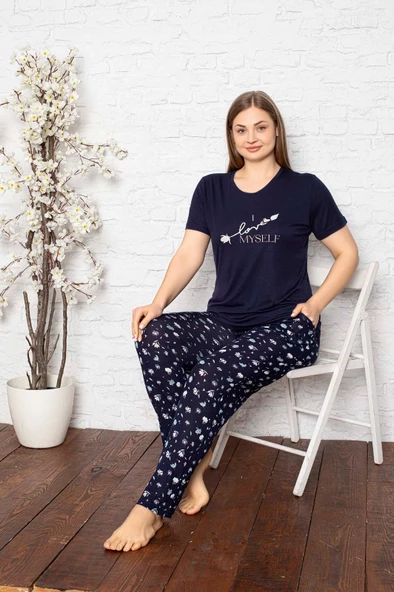 Kadın Yuvarlak Yaka Geniş Battal Beden Viskon Cepli Büyük Beden Pijama Takımı - 5