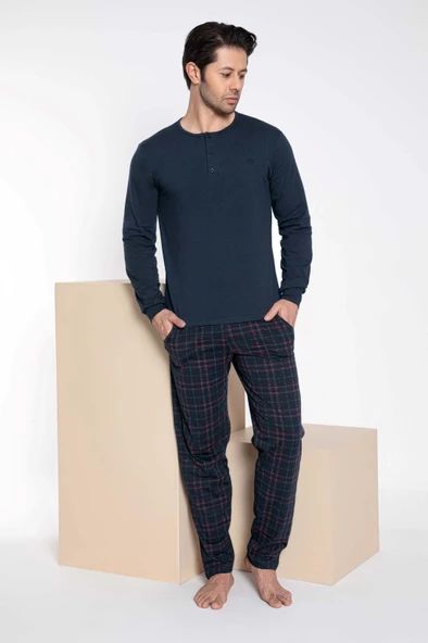 Çift Sevgili Eş Kombini Lacivert Ekose Desen Modal Uzun Kol Pijama Takımı-Tek Ürün Fiyatı- - 5