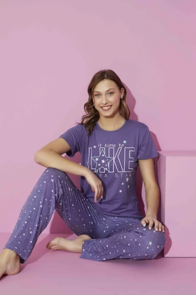 Kadın Bisiklet Yaka Viskon Kısa Kol Cepli Pijama Takımı - 4