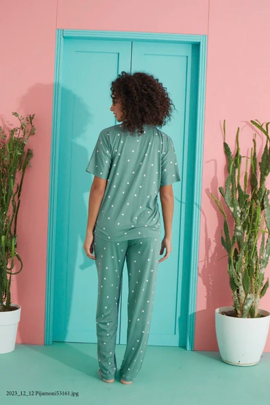 Kadın Bambu Düşük Kol Oversize Üst Hakim Yaka Önden Düğmeli Kısa Kol Viskon Gömlek Pijama Takımı - 2