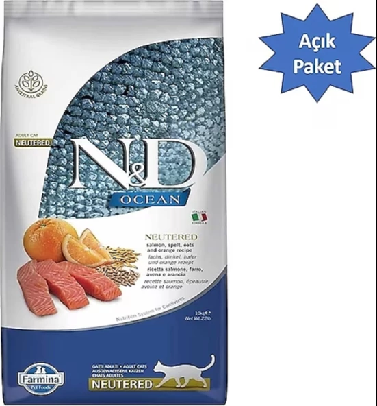 N&D Ocean Düşük Tahıllı Kısırlaştırılmış Somonlu ve Portakallı 1 kg Yetişkin Kedi Maması - Açık Paket