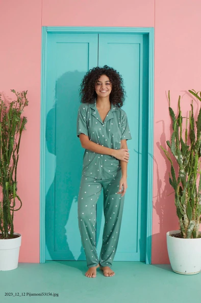 Kadın Bambu Düşük Kol Oversize Üst Hakim Yaka Önden Düğmeli Kısa Kol Viskon Gömlek Pijama Takımı - 3