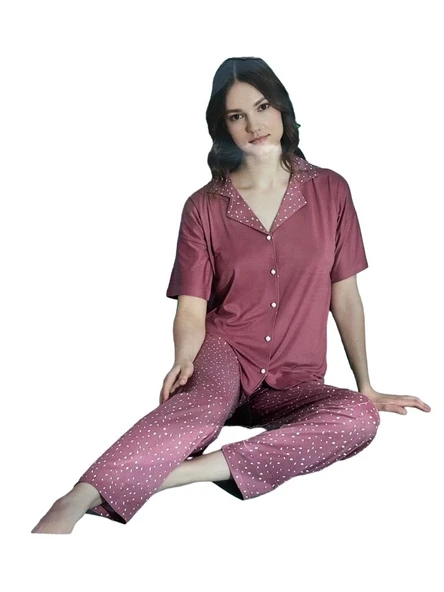 Kadın Bambu Düşük Kol Oversize Üst Hakim Yaka Önden Düğmeli Kısa Kol Viskon Gömlek Pijama Takımı