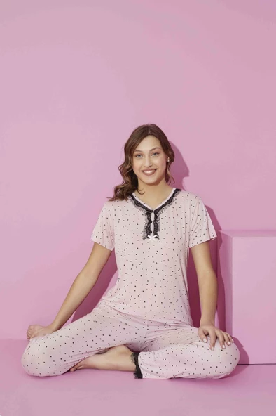 Kadın Bisiklet Yaka Viskon Kısa Kol Cepli Pijama Takımı - 2