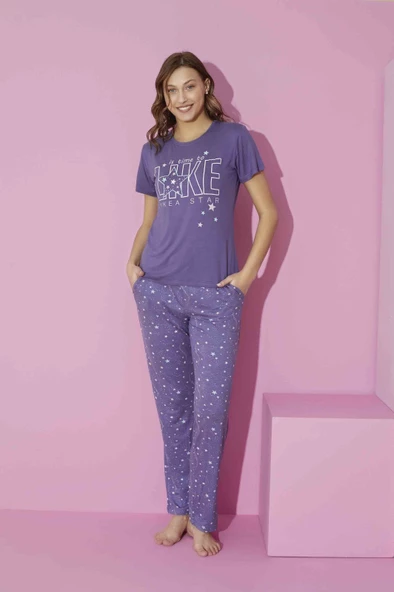 Kadın Bisiklet Yaka Viskon Kısa Kol Cepli Pijama Takımı - 3