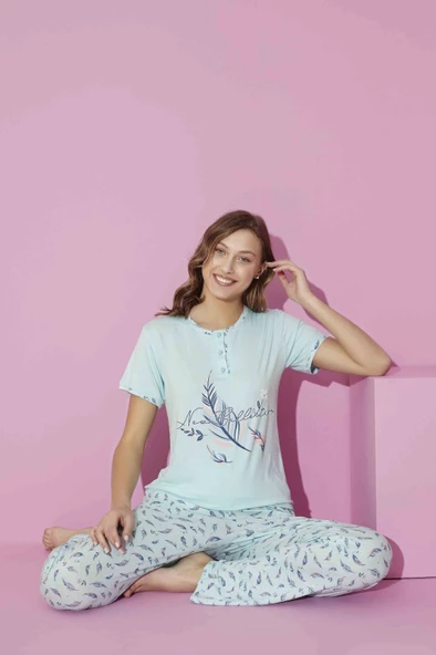 Kadın Bisiklet Yaka Viskon Kısa Kol Cepli Pijama Takımı - 6