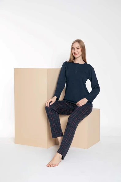 Çift Sevgili Eş Kombini Lacivert Ekose Desen Modal Uzun Kol Pijama Takımı-Tek Ürün Fiyatı- - 2