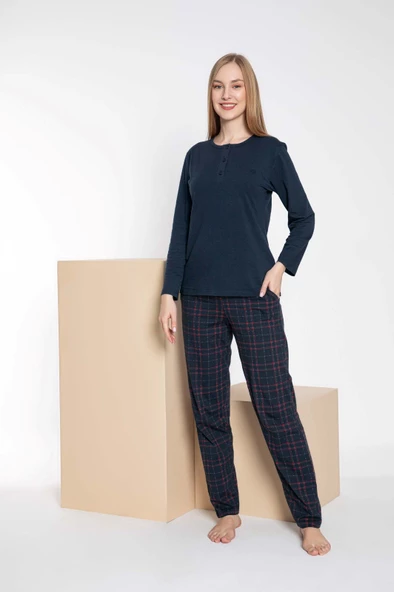 Çift Sevgili Eş Kombini Lacivert Ekose Desen Modal Uzun Kol Pijama Takımı-Tek Ürün Fiyatı- - 3