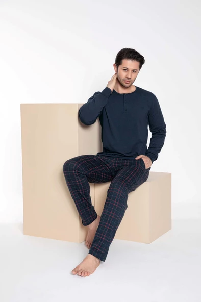 Çift Sevgili Eş Kombini Lacivert Ekose Desen Modal Uzun Kol Pijama Takımı-Tek Ürün Fiyatı- - 4