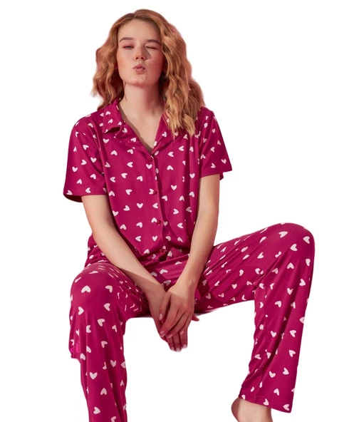 Kadın Düşük Kol Oversize Üst Önden Düğmeli Kısa Kol Viskon Gömlek Yaka Pijama Takımı