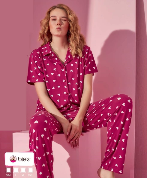 Kadın Düşük Kol Oversize Üst Önden Düğmeli Kısa Kol Viskon Gömlek Yaka Pijama Takımı - 3