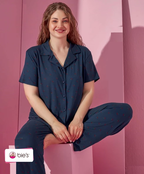 Kadın Düşük Kol Oversize Üst Önden Düğmeli Kısa Kol Viskon Gömlek Yaka Pijama Takımı - 4