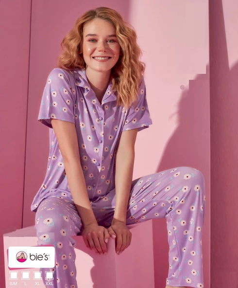 Kadın Düşük Kol Oversize Üst Önden Düğmeli Kısa Kol Viskon Gömlek Yaka Pijama Takımı - 2