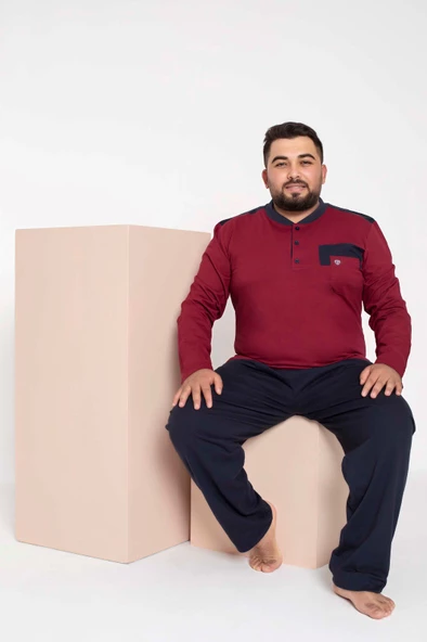 Erkek Büyük Beden 3 Düğme %100 Pamuk Cepli Mevsimlik Pijama Takımı - 8