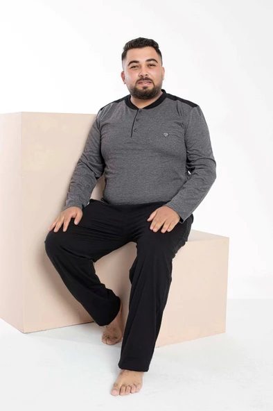 Erkek Büyük Beden 3 Düğme %100 Pamuk Cepli Mevsimlik Pijama Takımı - 12