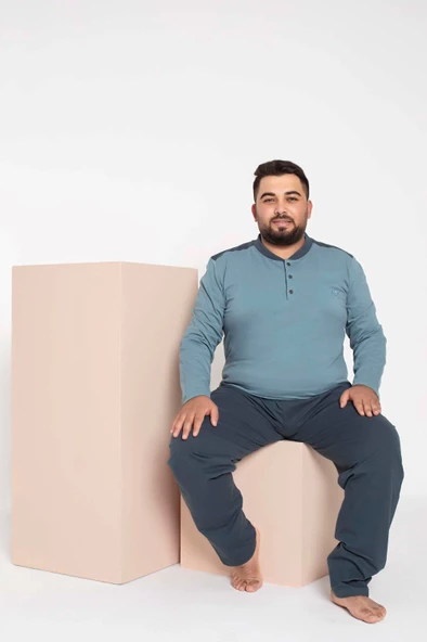 Erkek Büyük Beden 3 Düğme %100 Pamuk Cepli Mevsimlik Pijama Takımı - 9