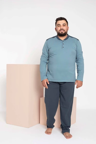 Erkek Büyük Beden 3 Düğme %100 Pamuk Cepli Mevsimlik Pijama Takımı