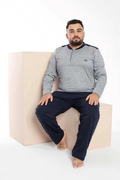 Erkek Büyük Beden 3 Düğme %100 Pamuk Cepli Mevsimlik Pijama Takımı - 3