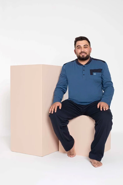 Erkek Büyük Beden 3 Düğme %100 Pamuk Cepli Mevsimlik Pijama Takımı - 5
