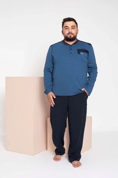 Erkek Büyük Beden 3 Düğme %100 Pamuk Cepli Mevsimlik Pijama Takımı - 4