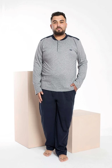 Erkek Büyük Beden 3 Düğme %100 Pamuk Cepli Mevsimlik Pijama Takımı - 2