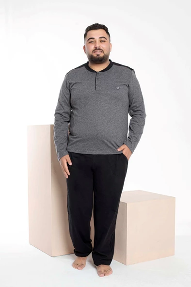 Erkek Büyük Beden 3 Düğme %100 Pamuk Cepli Mevsimlik Pijama Takımı - 11