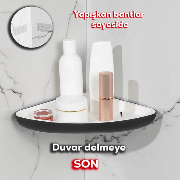 Porsima 0447 İstiridye Banyo Köşe Rafı - Paslanmaz Yapışkanlı Duş Rafı Banyo Düzenleyici Organizer - Siyah