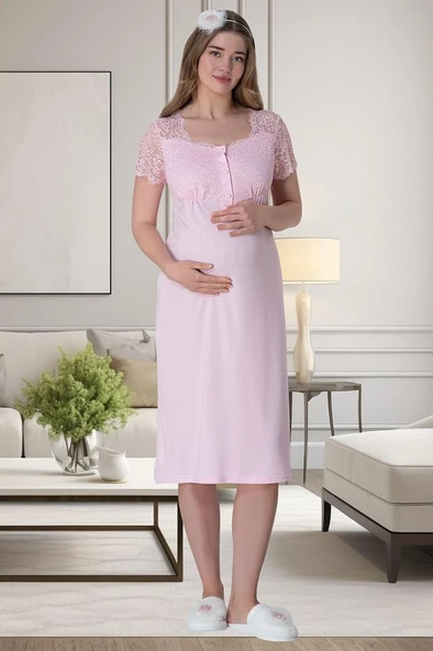 Mecit 6065 Bayan Hamile Lohusa Pembe Sabahlık Gecelik Pijama Set - 3