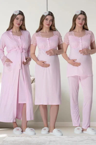 Mecit 6065 Bayan Hamile Lohusa Pembe Sabahlık Gecelik Pijama Set - Resim 6