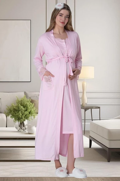 Mecit 6065 Bayan Hamile Lohusa Pembe Sabahlık Gecelik Pijama Set - 2